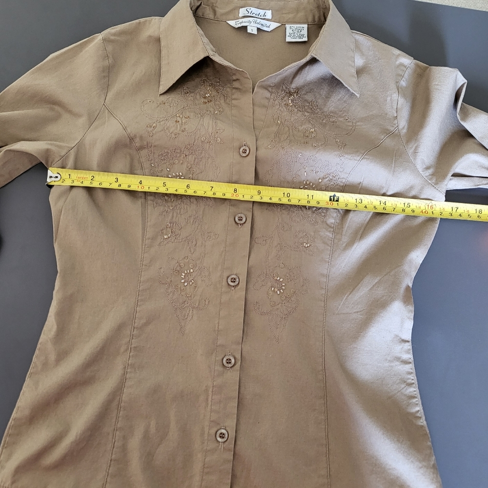 Women's Slim Fit Button Down 3/4 Sleeves Shirt Beige S - Picture 5 of 7